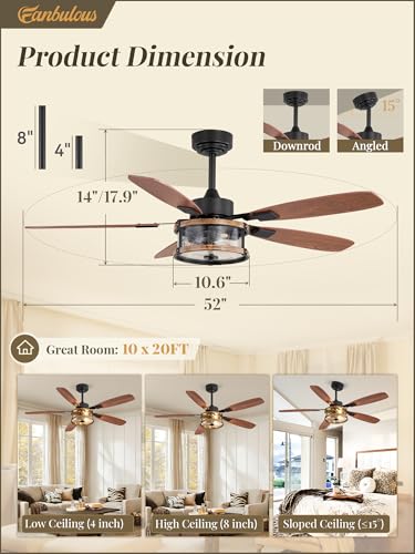 Farmhouse Ceiling Fan with Light and Remote - 52 Inch Black & Walnut