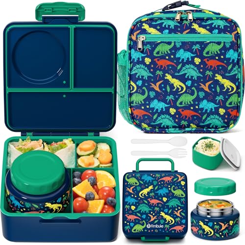 Kids Bento Lunch Box Set with Insulated Bag & Thermo Jar - Jungle Dinosaurs Variation A2