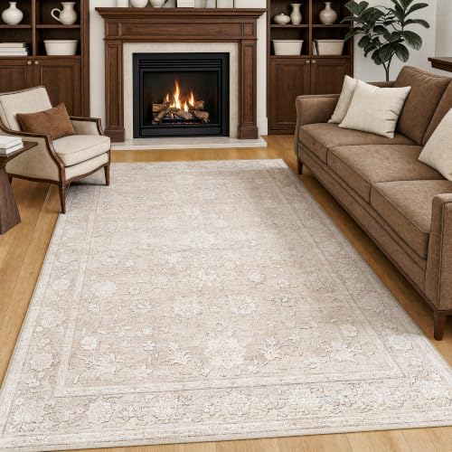 Beige 6' x 9' Floral Area Rug - Neutral Vintage Living Room Carpet