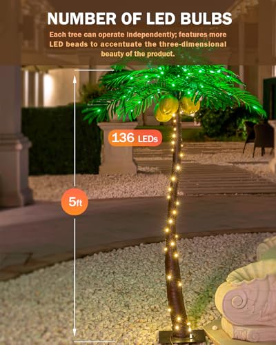 Tybeeu 5ft Lighted Palm Tree with 136 LED Lights & Glowing Coconuts - ETL UL Safe
