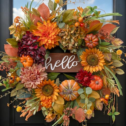 Pumpkin Fall Wreath for Front Door 24 Inch Autumn Decor Sunflowers & Pumpkins