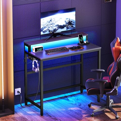 Black Gaming Desk with Charging Station LED Lights Monitor Stand 2-Tier Home Office