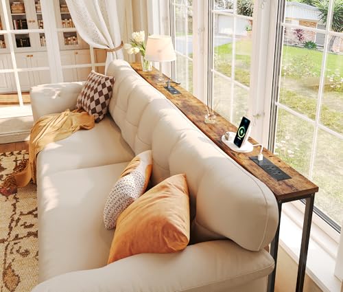 SUPERJARE 78.8-Inch Narrow Behind Couch Table with 2 Charging Stations, Rustic Brown, 5.7"D x 78.7"W x 29.7"H