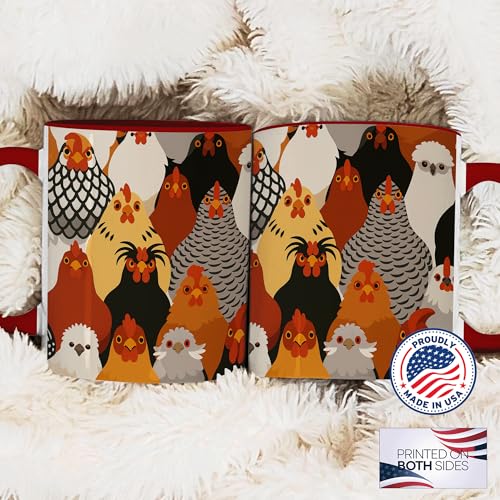 ANOVRA 11oz Funny Chicken Mugs - Ceramic Coffee Cup with Colorful Hen Faces - Farm Animal Gift