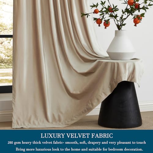 Beige Champagne Velvet Curtains Set of 2, 52W x 108L Inches, Room Darkening, Rod Pocket & Back Tab, Living Room & Bedroom