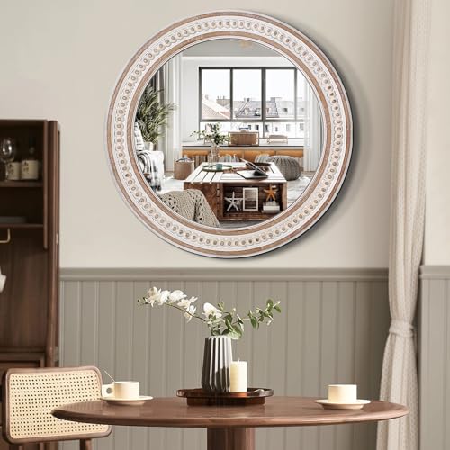 24 Inch Round Wooden Bathroom Mirror - Rustic Farmhouse Wall Decor - Style 1