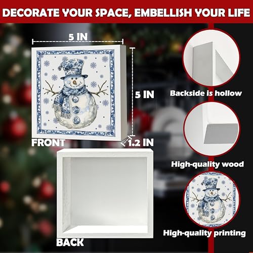 Dayouer Chinoiserie Snowman Wooden Sign - Blue & White Christmas Decor, 5x5 Inch