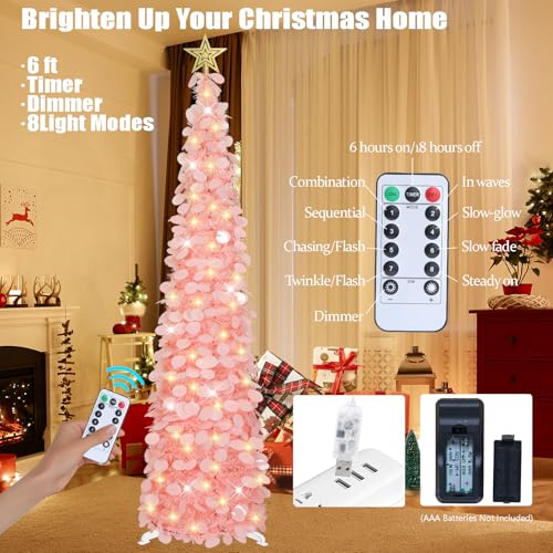 Dreamy Pink 6 FT Pop Up Christmas Tinsel Tree with 100 LED Lights & Remote