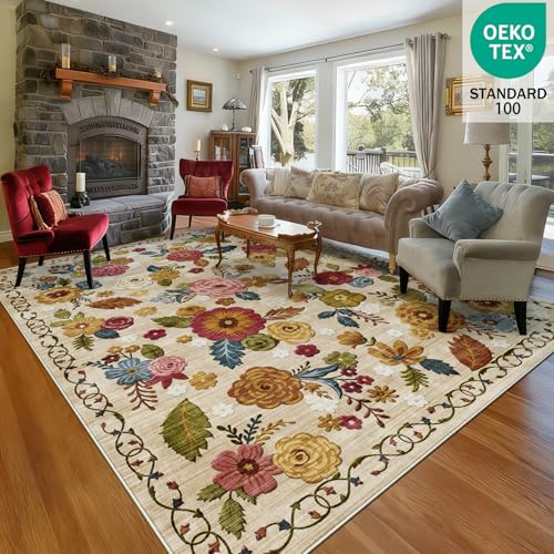 GERUIMO 8x10 Beige Boho Floral Area Rug Non-Slip for Living Room & Bedroom