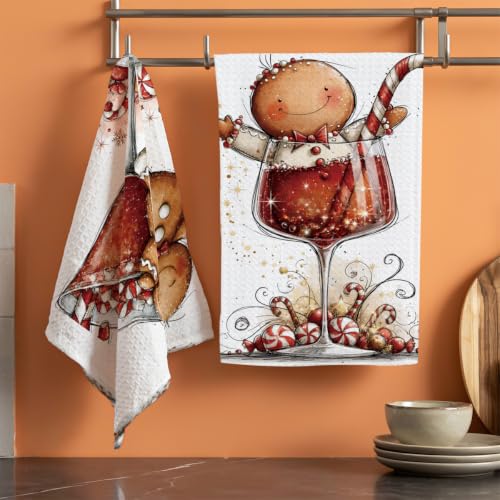 2 Pcs Christmas Kitchen Towels - Cute Gingerbread + Bear, Red Variation 9