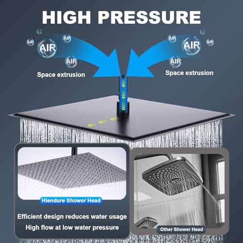 Hiendure 16 Inch Matte Black Rain Shower Head - High Pressure Fixed Rainfall Shower with Adjustable Swivel Ball Joint
