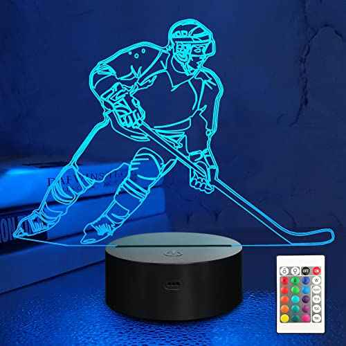 Lampeez Ice Hockey Player 3D Night Lights for Kids LED 16 Colors Remote Control Changing Touch Dimmable Table Desk Lamp Birthday Xmas Gifts Home Decor for Sports Hockey Fan