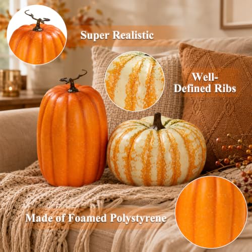 Large Fake Orange-White-Green Pumpkin Set - Harvest Fall Autumn Decor - Frosted Foam Vegetables - Halloween & Thanksgiving