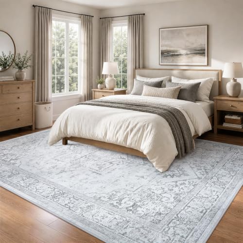 8x10 Gray Washable Area Rug for Living Room Non-Slip Low-Pile Carpet