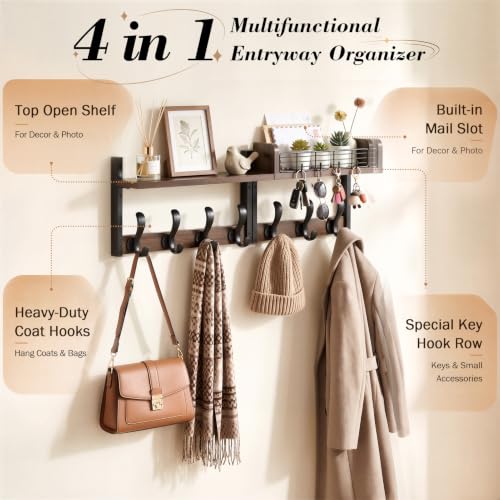 Brown 29-Inch Wall Mount Coat Rack with Shelf and 11 Hooks - 4 in 1 Entryway Organizer
