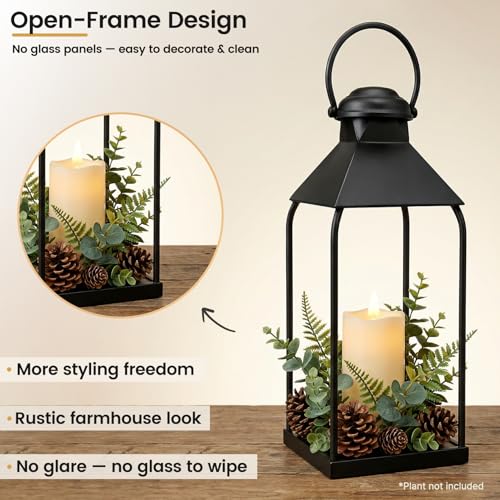 Round Top Black Metal Lanterns Set of 3 Outdoor Indoor Candle Holders - 20, 15.7, 12 Inches with Handle
