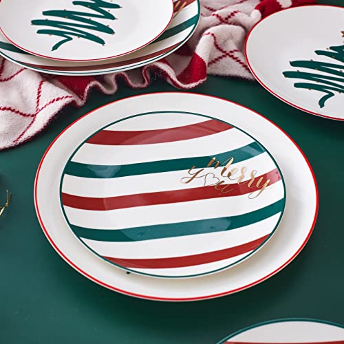 Swuut Christmas Dinner Plates Set of 4, 10 Inch Bone China with Gold Tree Design