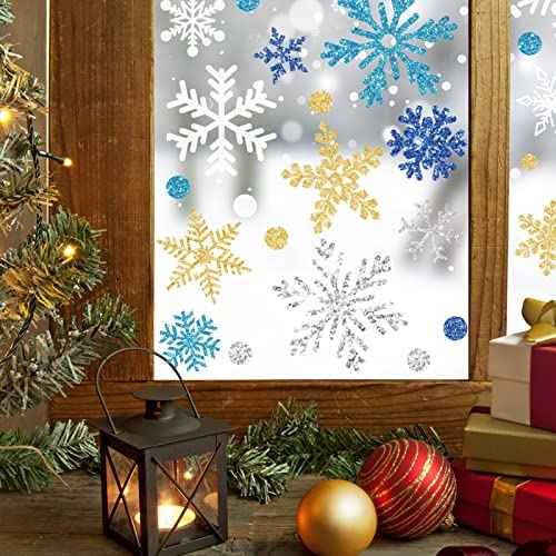Whaline 541Pcs Winter Snowflake Window Clings Stickers Double-Sided White Silver Blue Gold Christmas Window Decals for Frozen New Year Home Shop Windows Glass Display Decoration, 9 Sheets