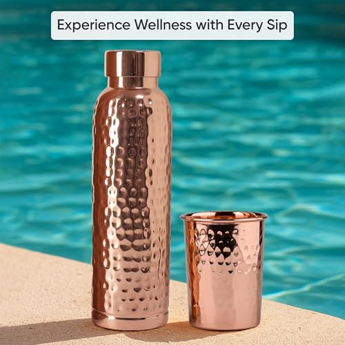 Hammered Copper Water Bottle Set of 2 with Cups - 34 oz Leak-Proof Drinking Vessels for Yoga, Travel & Office