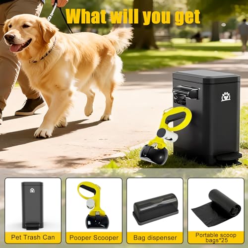 Outdoor Dog Poop Trash Can with Lid - 3 Gal Metal Waste Bin & Scooper - Black