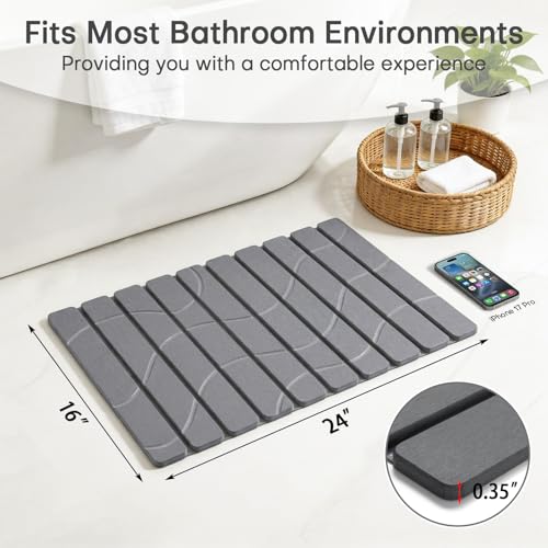 Foldable Stone Bathroom Mat - Non Slip Diatomaceous Shower Mat, 24x16 Dark Gray