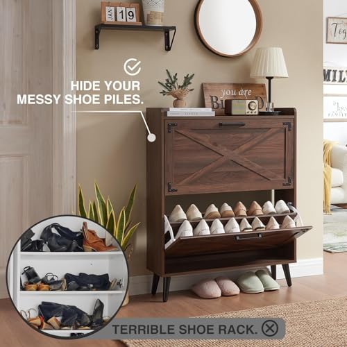 Barnyatoh Walnut Farmhouse Shoe Storage Cabinet with 2 Flip Drawers