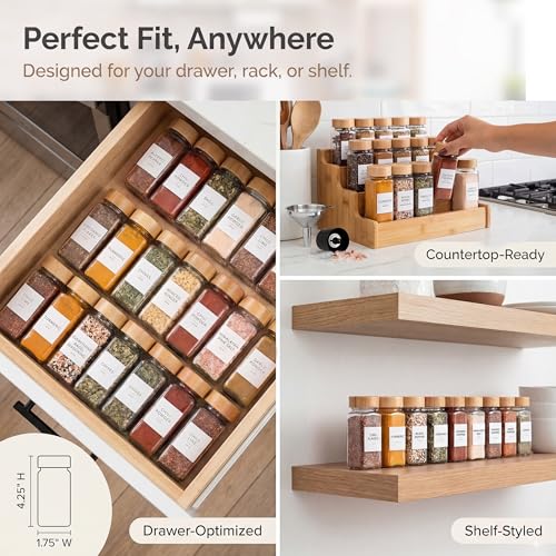 Square Glass Spice Jars with Bamboo Lids - 24 Pack, Labels, Shaker & Pepper Grinder Set