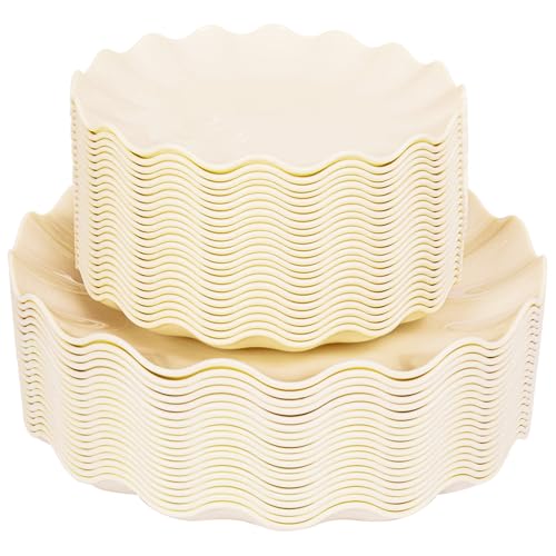 50 Pcs Reusable Plastic Dinner Plates Set - Beige, Unbreakable, Dishwasher Safe, 25 Guests