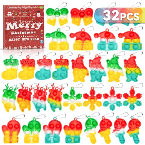 32 Pack Christmas Party Favors Bulk Fidget Toys Pop Mini Keychain Goodie Bag Stuffers Birthday Students Small Kid Classroom Prizes Bulk Toys