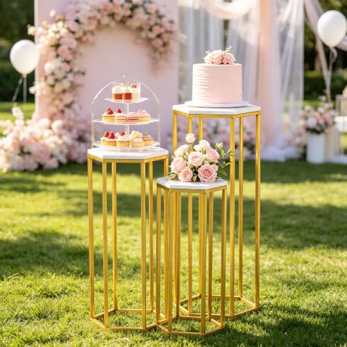 Gold Hexagon Pedestal Stands Set of 3 for Party Decor and Display