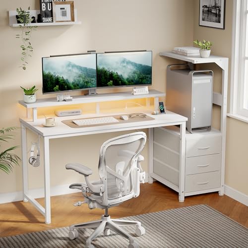 52-Inch Reversible Gaming Desk with LED Lights & Power Outlets, White