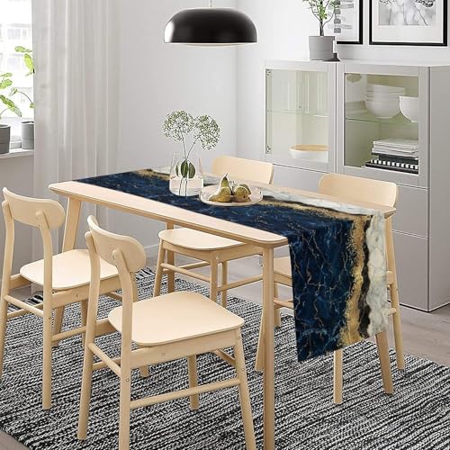 DKMQQUL Marble Table Runner 13x36 Inch Navy Blue Gold Abstract Art