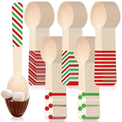 Hoolerry 300 Pcs Christmas Disposable Wooden Spoons Multi Styles for Hot Cocoa & Party
