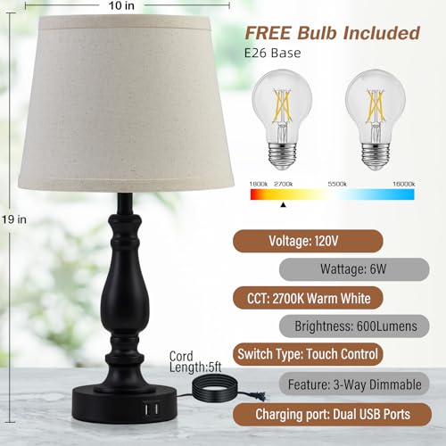 Bedroom Set of 2 Touch Dimmable Bedside Lamps with USB-C Ports - Light Oat Shade & Black Base