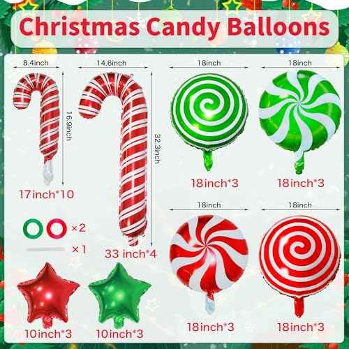 34Pcs Christmas Foil Balloons Set, Candy Cane Mylar Balloons for Xmas New Year Party Decorations