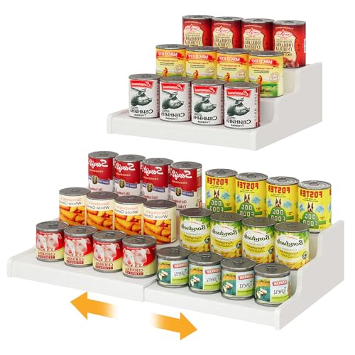 Expandable 3-Tier Bamboo Can Organizer for Pantry - Fits 24 Cans, White, 12.4-24"