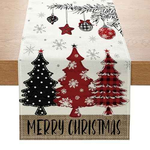 Christmas Decorations - Merry Christmas Table Runner 13x72 Inch,Red Pine Trees Winter Xmas Table Decoration for Home Kitchen Dining Holiday Decor