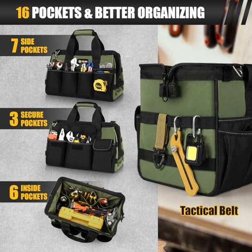 Green 15.5-Inch Heavy Duty Tool Bag with 16 Pockets & Adjustable Shoulder Strap