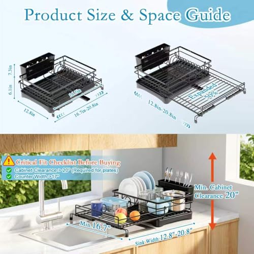 Black Double-Tier Extendable Dish Drying Rack with Drainboard & Utensil Holder
