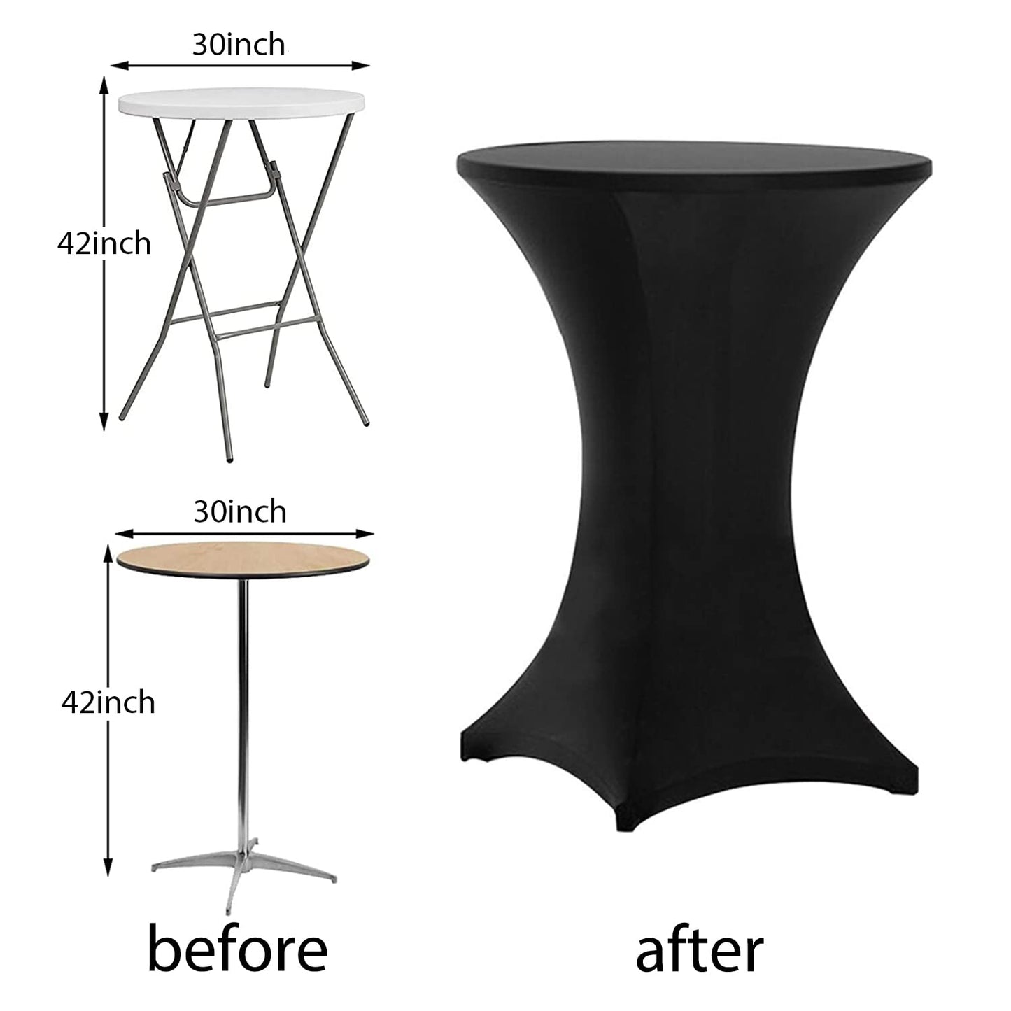 Tina's 4 Pack 30x42 Inch Highboy Spandex Cocktail Table Covers, Black, Fitted Stretch Cocktail Table Tablecloth for Round Tables