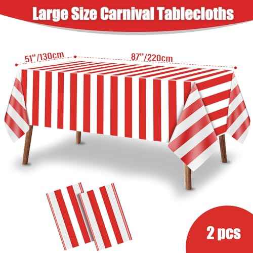 Carnival Theme Party Decorations Tablecloths, Circus Plastic Table Covers Rectangle Disposable Red and White Striped Tablecloth Supplies for Kids Birthday Movie Night Christmas, 87'' x 51'', 2pcs