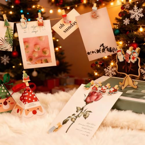 Mini Christmas Claw Clips 30pcs Wooden Photo Clips with Twine for Crafts & Decorations