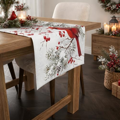 Christmas Decorations - Red Cardinal Bird Winter Pine Branches Table Runner (OHOME) Christmas Cardinal Bird