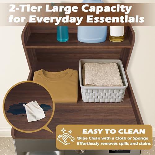 Walnut Washer Dryer Countertop with Shelf - 2-Tier Laundry Organization