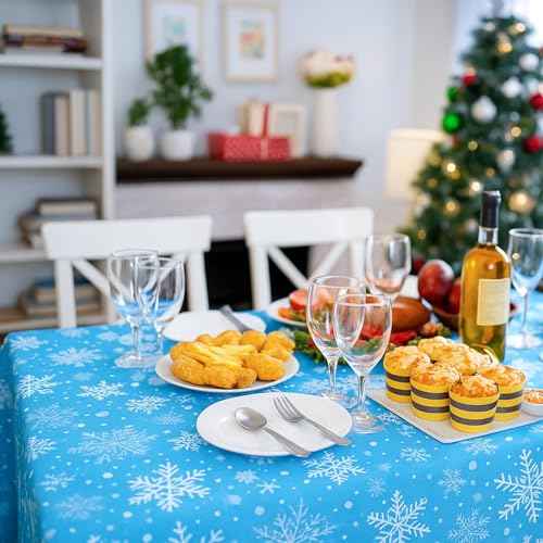 3 Pieces 54x108 Inch Snowflake Winter Wonderland Rectangle Plastic Tablecloth, Disposable Blue and Purple Table Cover with White Snowflakes for Christmas, Birthday, and Winter Party Decorations