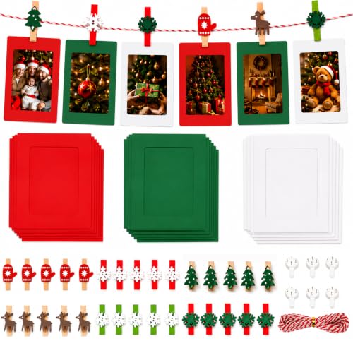 Christmas Photo Frame Set with 30 Wooden Clips, Twine & Hooks – 4x6 Frames (Variation: Christmas) by Zplontya