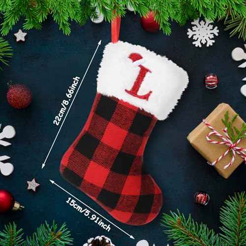 8inches Initial Monogram Christmas Stocking Red Buffalo Plaid Christmas Stocking with Embroidered Letter Personalized Mini Christmas Stocking White Plush Xmas Stocking for Xmas Tree Fireplace Decor(L)