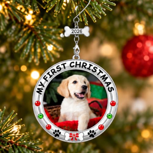 BANBERRY DESIGNS My First Christmas Dog Photo Ornament Set of 2 (2026) – Includes 2 Storage Bags, Non-Customized