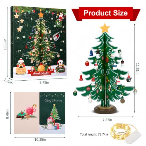 LIHAO 2026 Wooden Advent Calendar Tree with 24 Mini Ornaments & Warm LED Lights (Tree Shape, With String Lights)