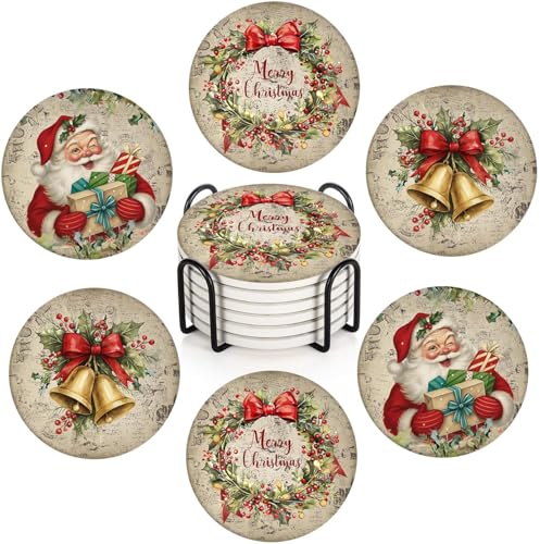 Bribay Christmas Coasters Set of 6 Ceramic Stone with Cork Bottom
